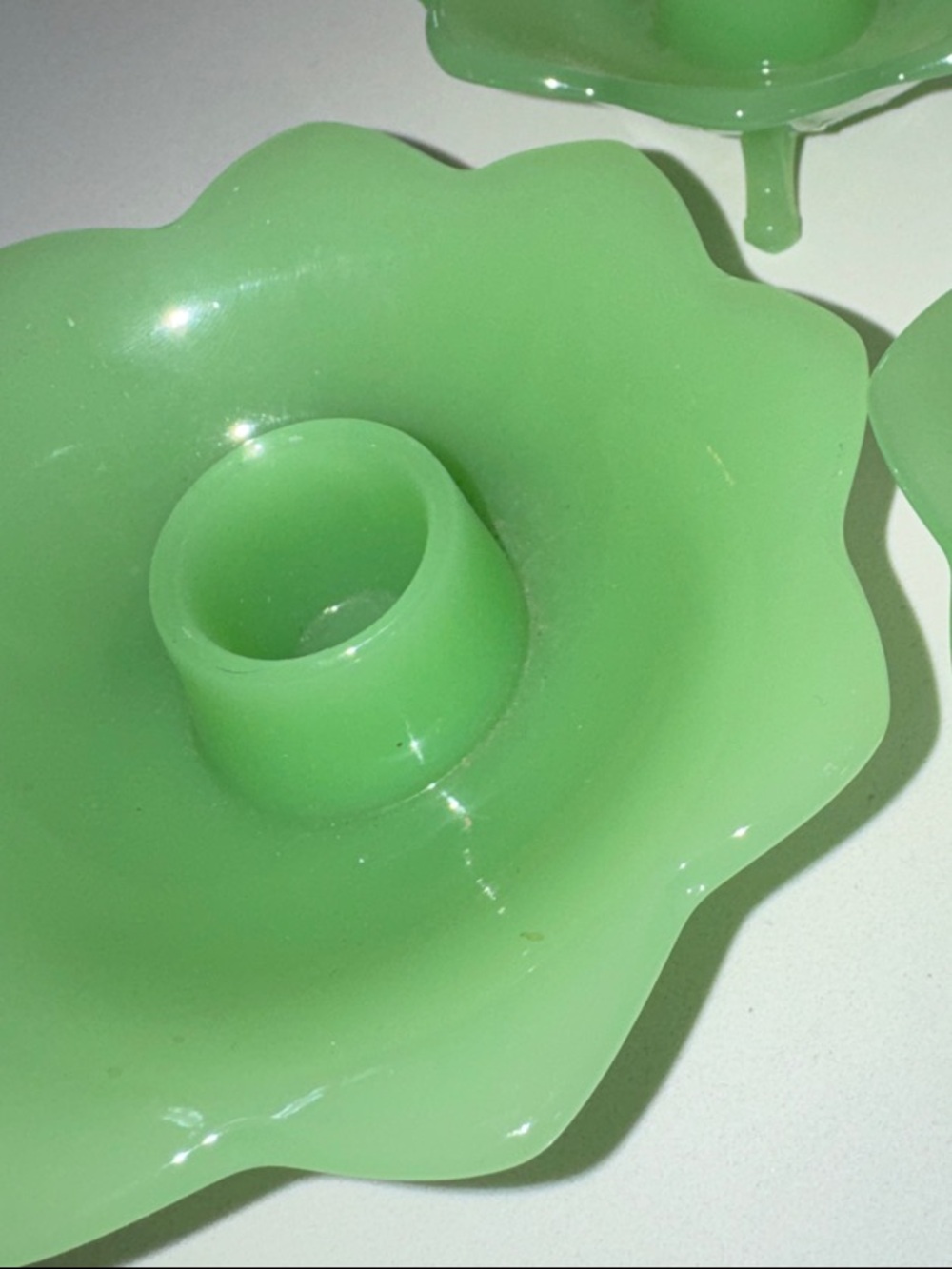 Three Green Flower-Shaped Glass Candle Holders - Picture 4 of 4